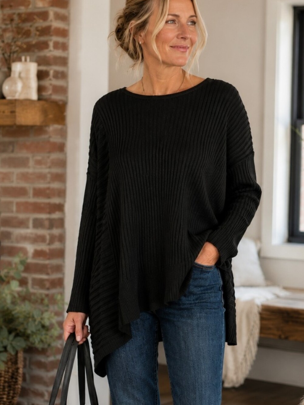 Joan Vass New York Black Ribbed Asymmetrical Hem Sweater Tunic Top Medium M